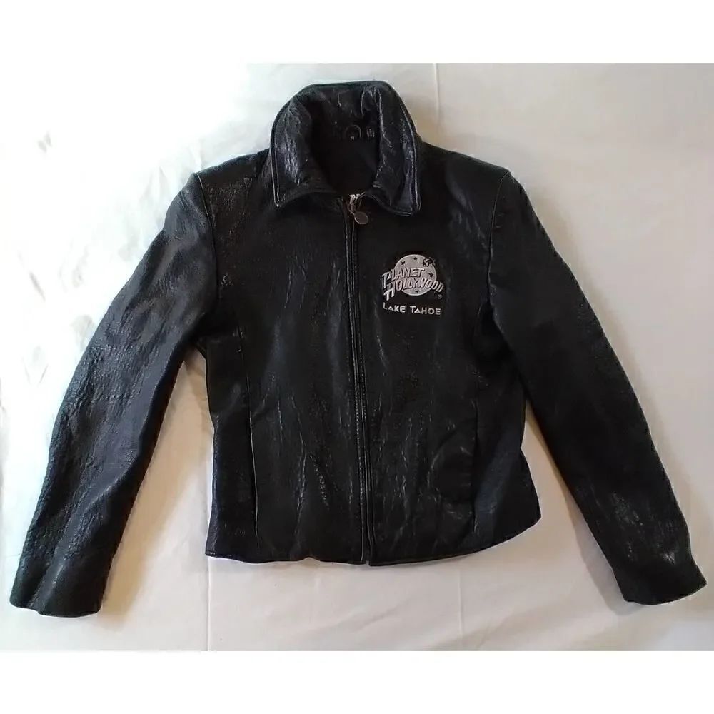 VINTAGE PLANET HOLLYWOOD TAHOE LEATHER JACKET MOTORCYCLE SIZE MEDIUM BLACK